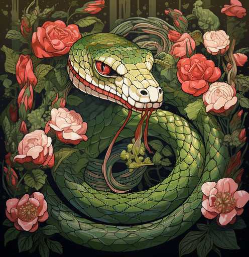 Portrait of green snake and roses, style simplified compositions
