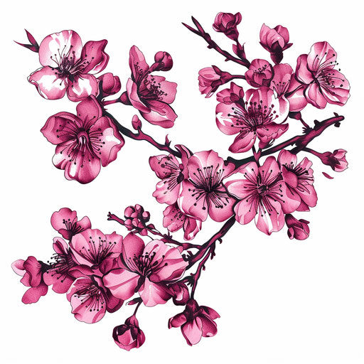 Detailed Japanese cherry blossom tattoo, vivid pink on white