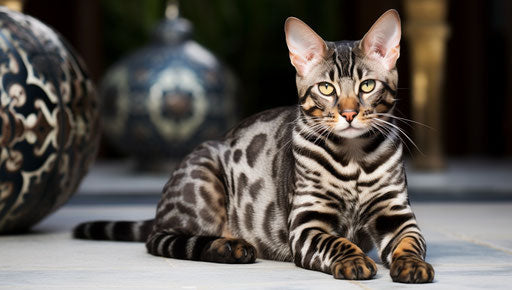 Bengal cat laying outside, dark white and dark silver style, geometric shapes & patterns, mallgoth, color-streaked, swirling vortexes, dark brown and dark azure, textural richness 37:21