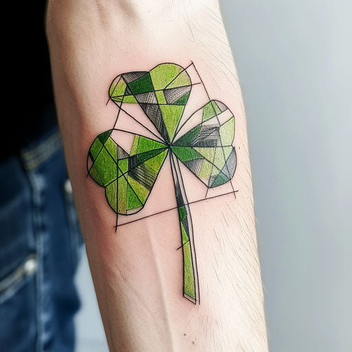 Geometric shamrock tattoo with sharp lines and green and black sections