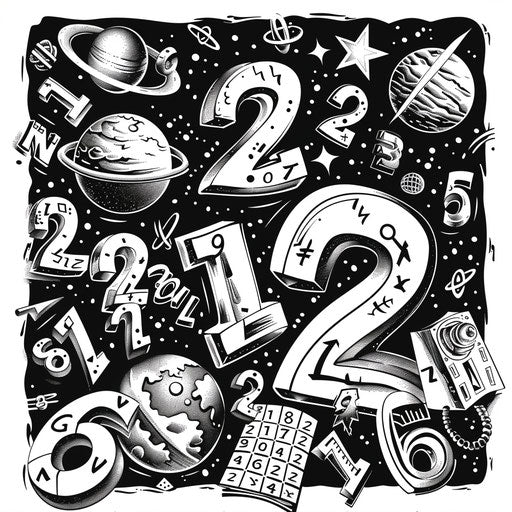 Whimsical scene of floating numbers and symbols in space