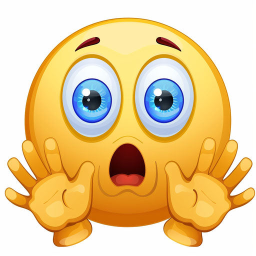 Emoji face with blue eyes and raised hands in yellow