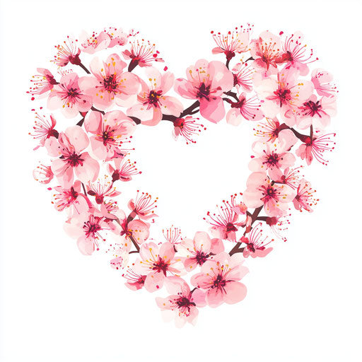 Pink cherry blossom heart on white background