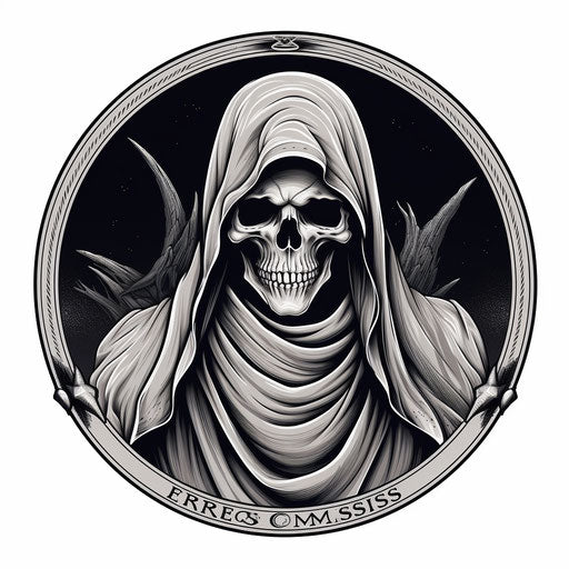 Black and white illustration of a shivering man with a scythe