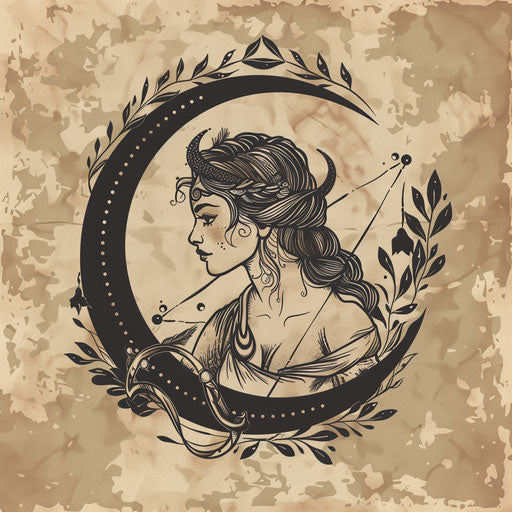 Artemis with her bow under a crescent moon