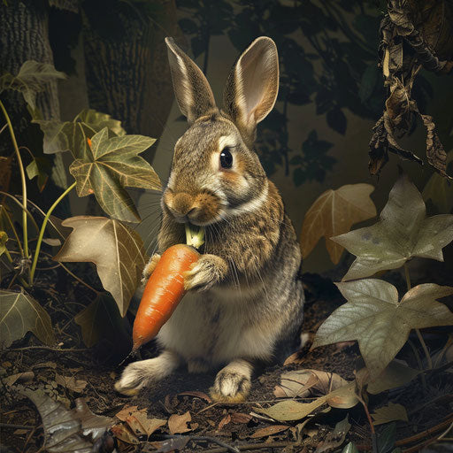 A rabbit eating a carrot in a garden in the style of Gregory Colbert