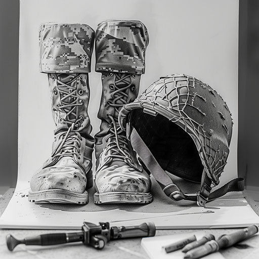 Soldier - Boots and helmet in monochrome on white canvas