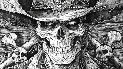 Cowboy skull, crossbones and hat, detailed crosshatching style