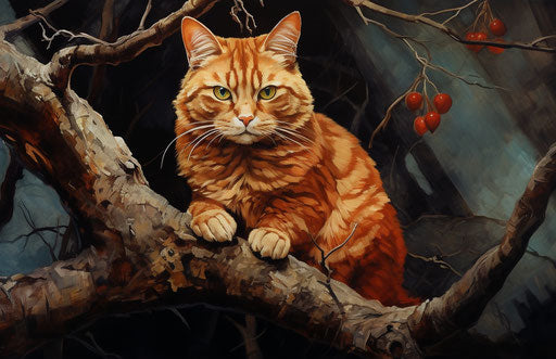 Red cat on tree branch, dark gold and light brown style, masculine 17:11
