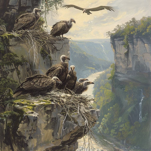 A family of white-rumped vultures in their nest, with chicks, on a steep cliff face overlooking a river.