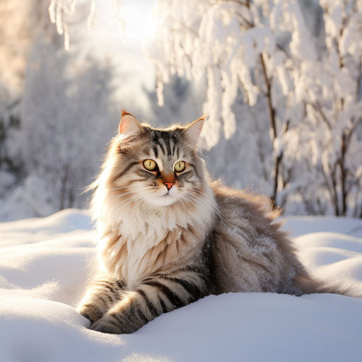 A Siberian cat lying in the snow