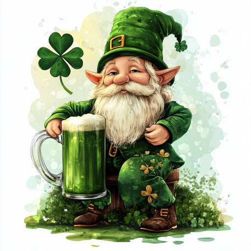 St. Patrick's Day Sublimation, a silky green beer mug with a big clover leaf and a cute gnome