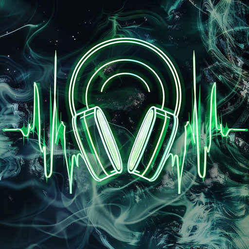 Audio logo in green and white with a modern background