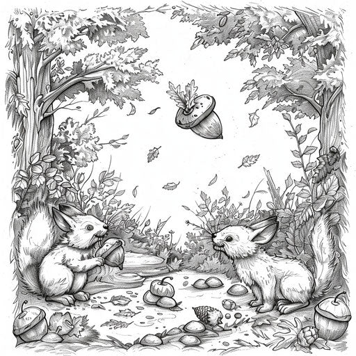 Woodland animals playing with tossed acorns