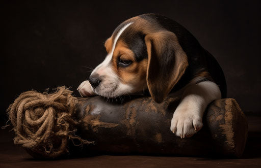 Beagle puppy chewing bone toy, slumped style, light yellow and dark brown, fawncore, leather, frayed