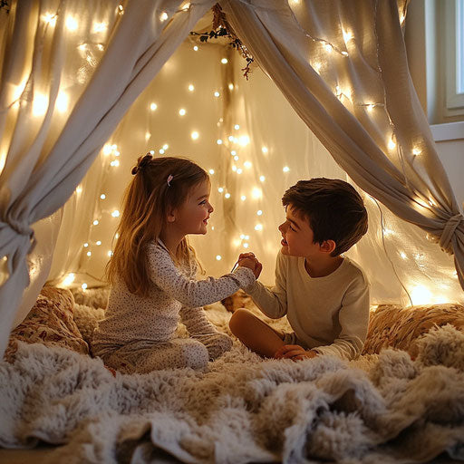 Young siblings in fleece pajamas, building a fort in the living room, fairy lights twinkling above them.