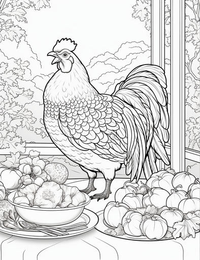 Chicken on a plate coloring page, mamiya rb67 style, festive atmosphere, 8k resolution, highly realistic, delicacy of touch, canon 7, packed with hidden details 24:31