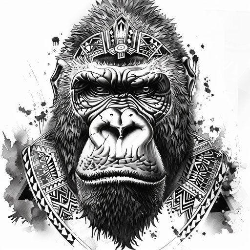 Aztec-inspired gorilla tattoo design on white