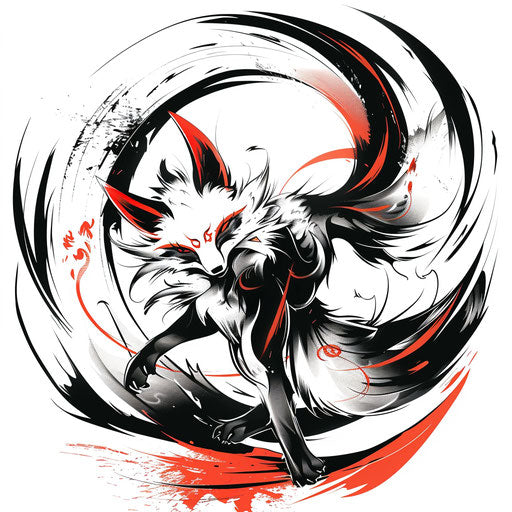 Dynamic tattoo sketch of a kitsune leaping