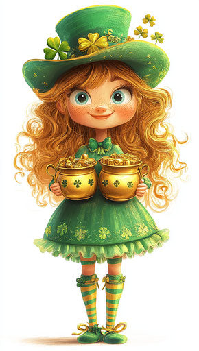 Cute girl in green with rainbow socks and golden pots