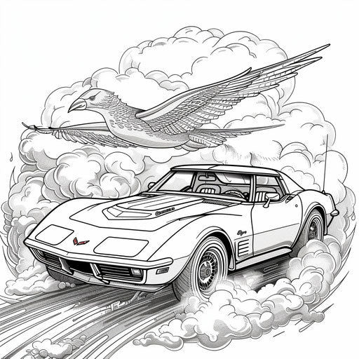 Flying Corvette with wings in a cloudy sky