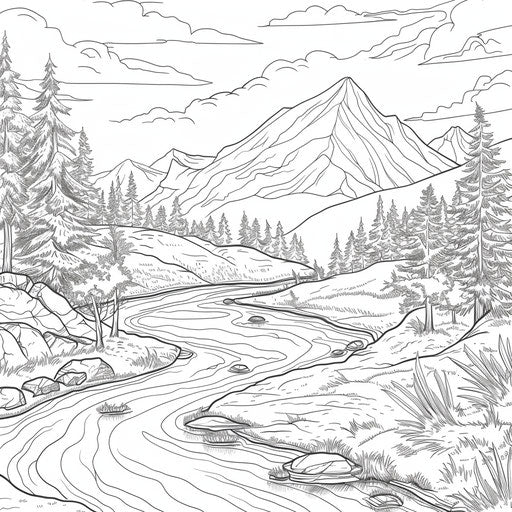 Serene mountain landscape with a winding river - Coloring book page