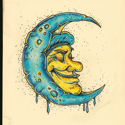 Whimsical tattoo sketch of a smiling half moon in yellow and blue