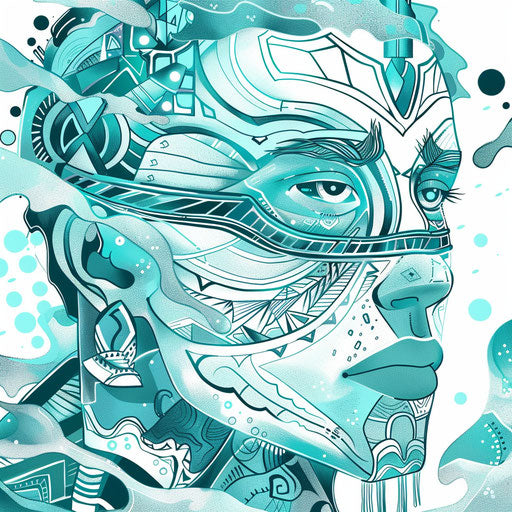 Flat tattoo sketch for Aquarius, futuristic water bearer with geometric patterns, in bright aqua and white