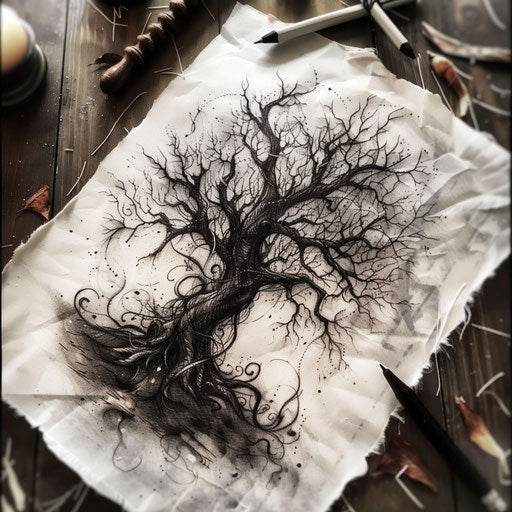 Gothic style tree of life tattoo drawing on white parchment