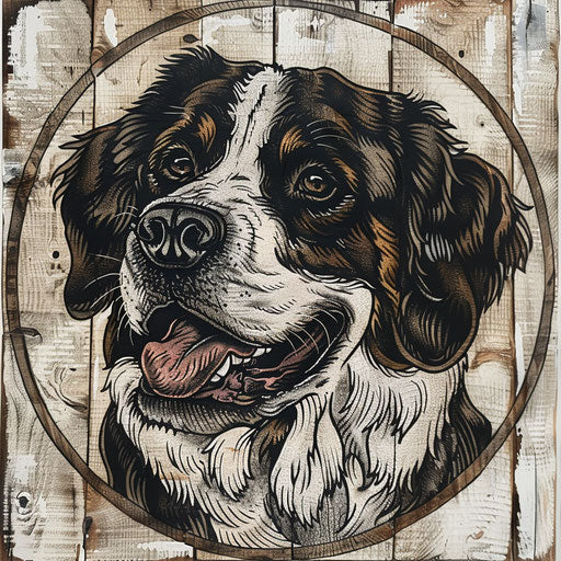 Rustic flat tattoo sketch for a dog outline tattoo with farmhouse Saint Bernard and barnwood textures