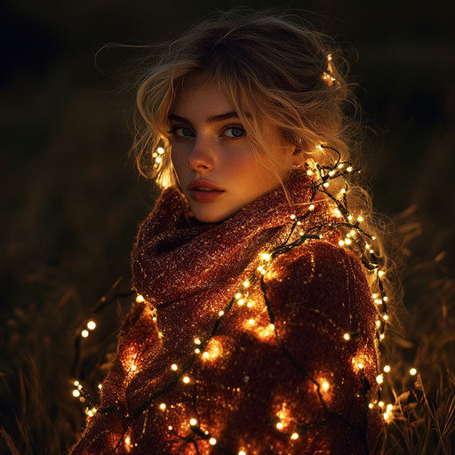 Whimsical outdoor photoshoot with model wrapped in lights