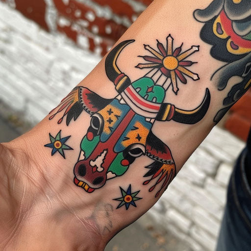 Colorful small meaningful tattoos in traditional American style