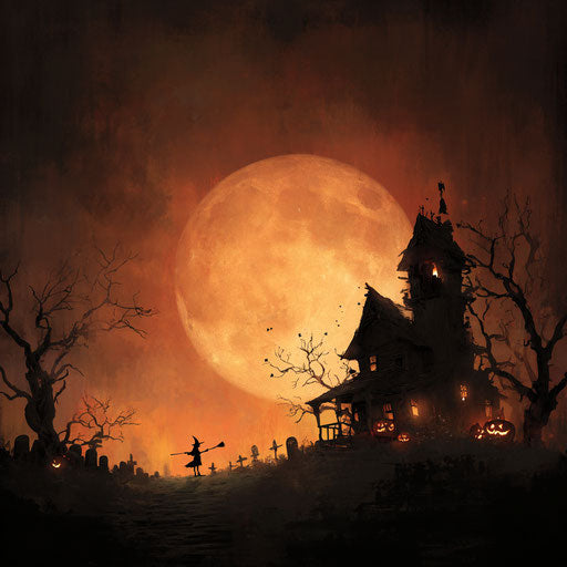 Spooky Halloween Night with Haunted House and Pumpkins