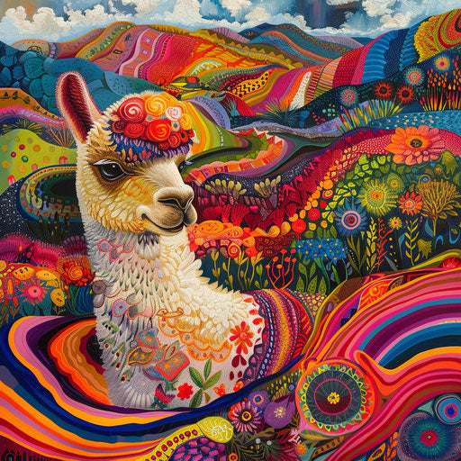 Vibrant painting of an alpaca among colorful Andean textiles