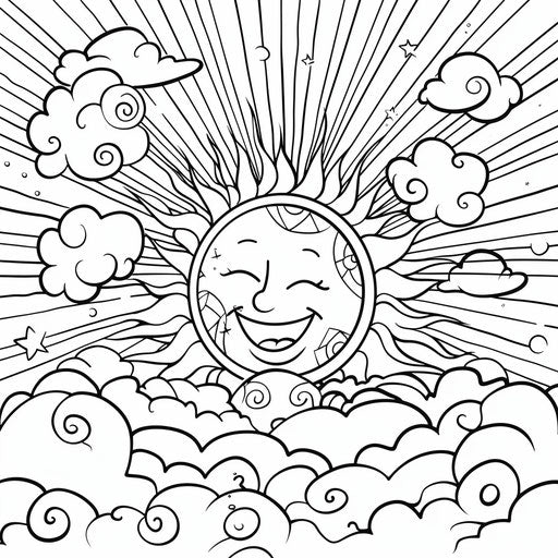 A joyful sun and fluffy clouds in the sky. Coloring book page