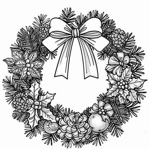 Simple and cheerful holiday wreath with a big bow. Coloring book page