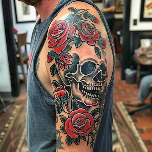 Stylish tattoos for men with vintage skull and roses on upper arm