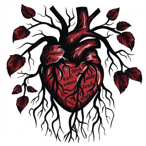 Flat tattoo sketch clipart of a heart with family names as roots, deep red and black