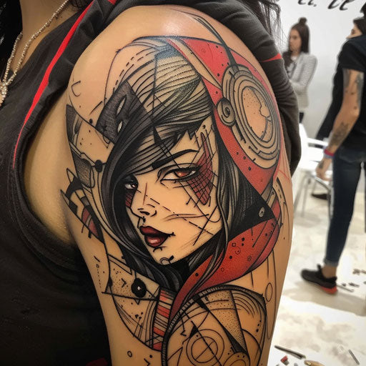 Dynamic comic-inspired shoulder tattoo for women