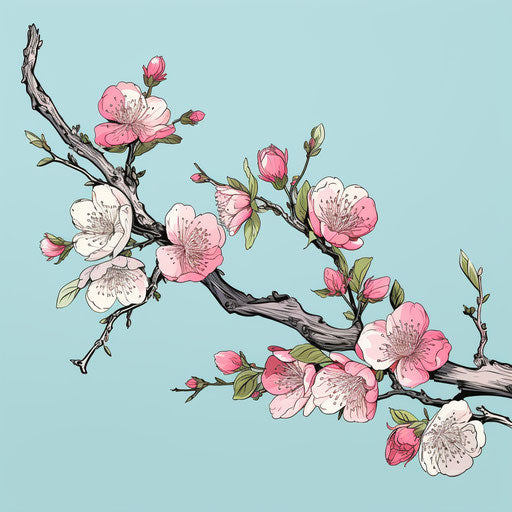 Cherry blossom branch in pink and blue, hand-drawn