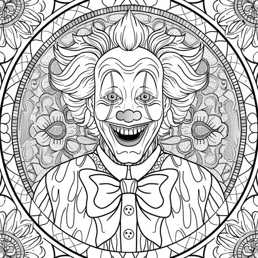 A whimsical clown with a polka-dot suit and a big bow tie. Coloring book page