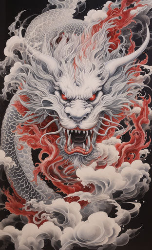 Japanese painting of a red and white dragon