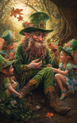 The leader leprechaun and fairies in the enchanted forest