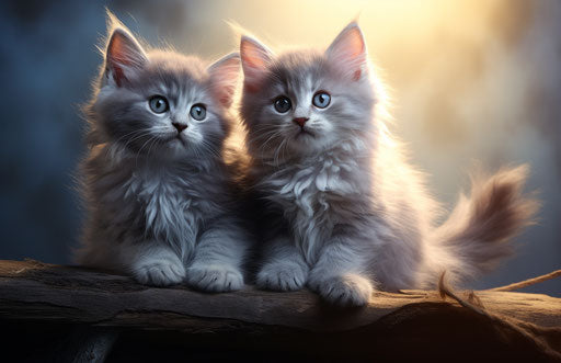 Two grey kittens on a sky-blue and dark silver scratching post