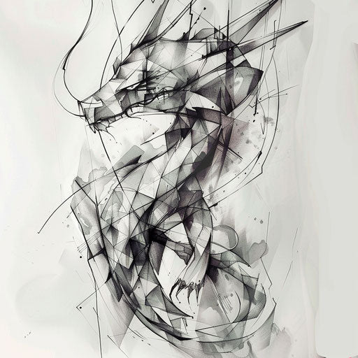 Bold geometric dragon on white canvas