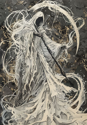 Dark abstracted grim reaper, intertwined forms, free gestures