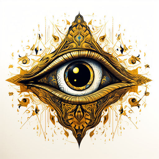 Golden square with eye in center, meditative linework style