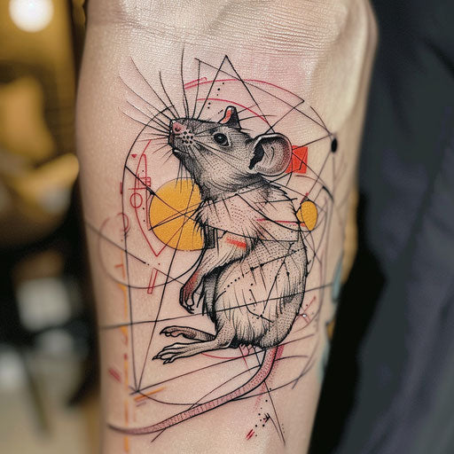 Tattoo sketch of a rat in minimalist style with pastel colors and geometric shapes