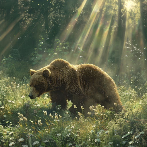Brown bear in morning dew and sun rays