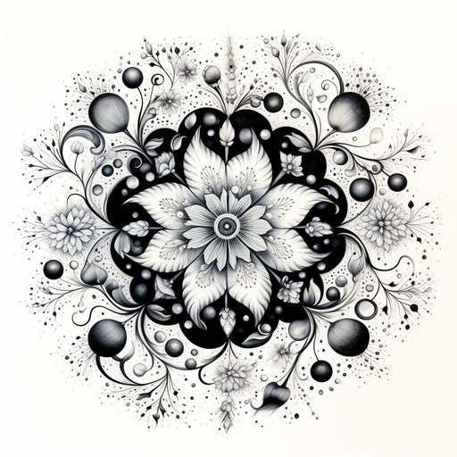 Black and white mandala with vines and decorations